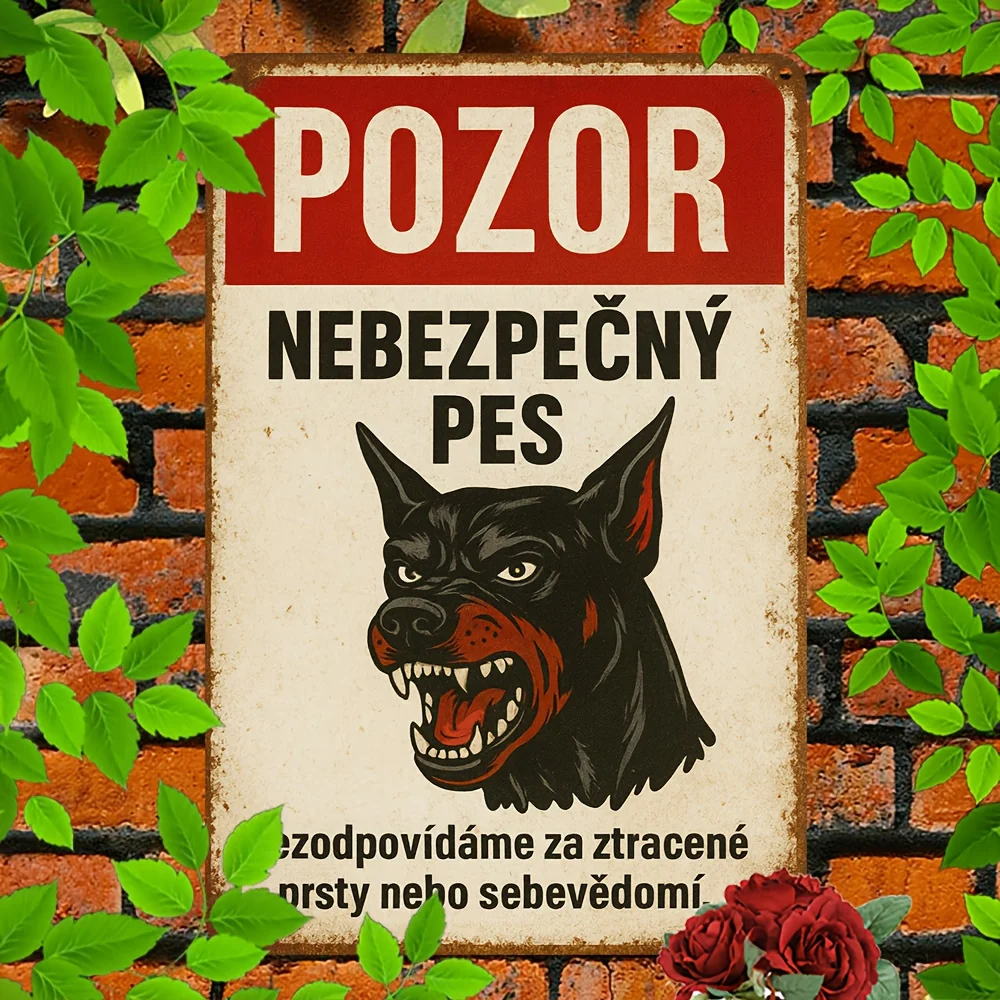A Vintage Czech Slogan Metal Sign Measuring 7.87x11.81 Inches - Featuring a Humorous 'POZOR' Dog Design