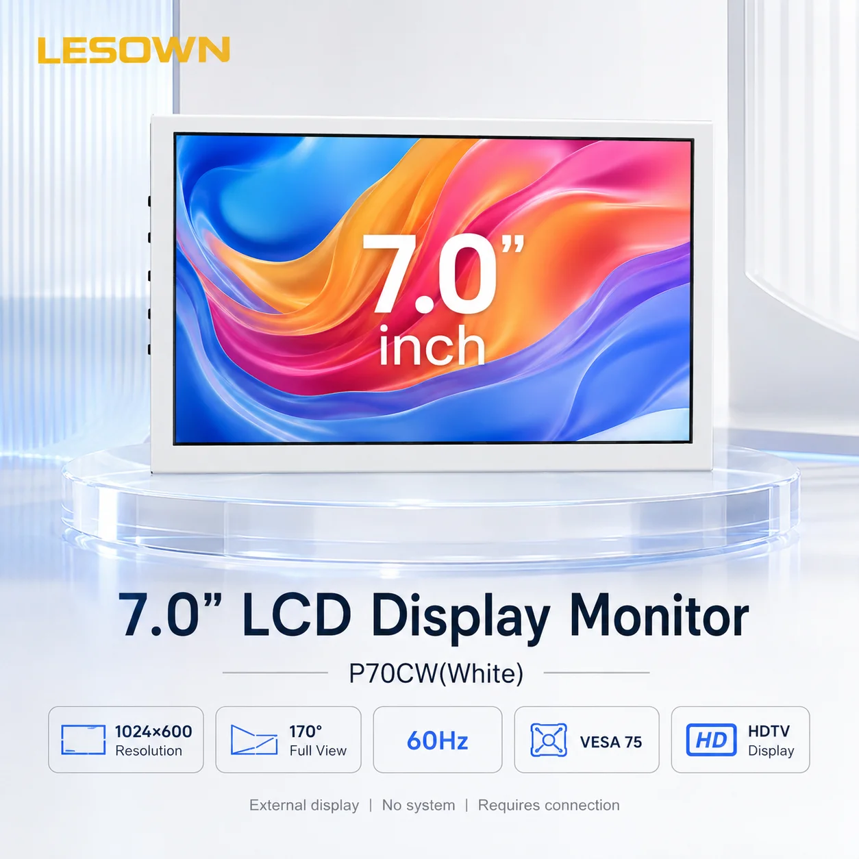 LESOWN Portable 7" White HDTV Screen Monitor Driver-free Plug and Play for Student Laptop Extension Easy Solution
