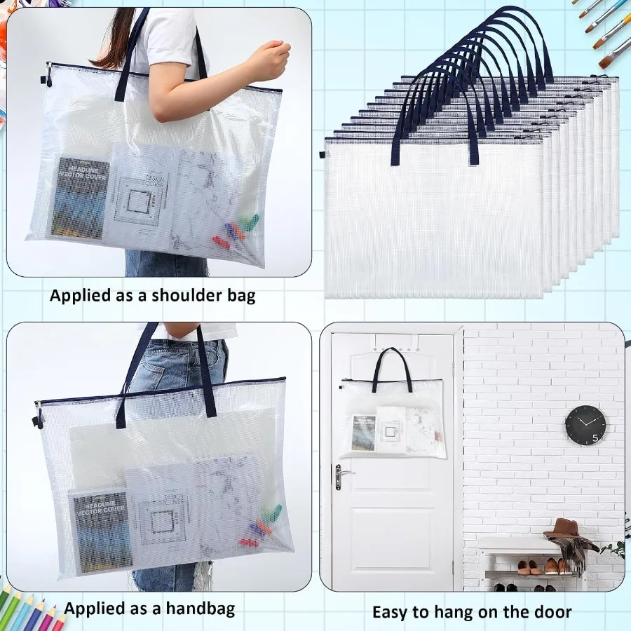 Reginary 10 Pcs 19x25 Inch Art Portfolio Bag Bulk with Zipper and Handle Transparent White Bags for Artwork Posters Bulletin Bo