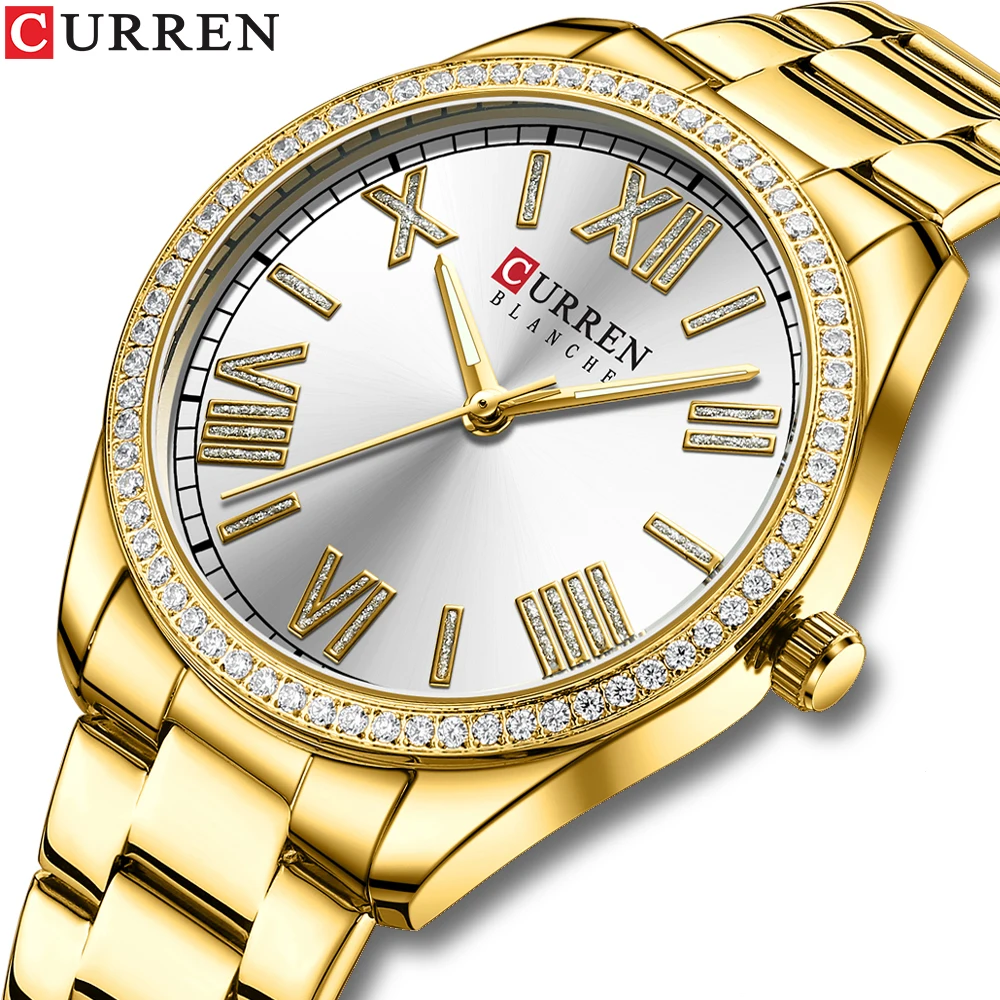 CURREN Elegant Rhinestone Ladies Watch Lightweight Luminous Quartz Watch Waterproof Stainless Steel Clock часы женские наручные