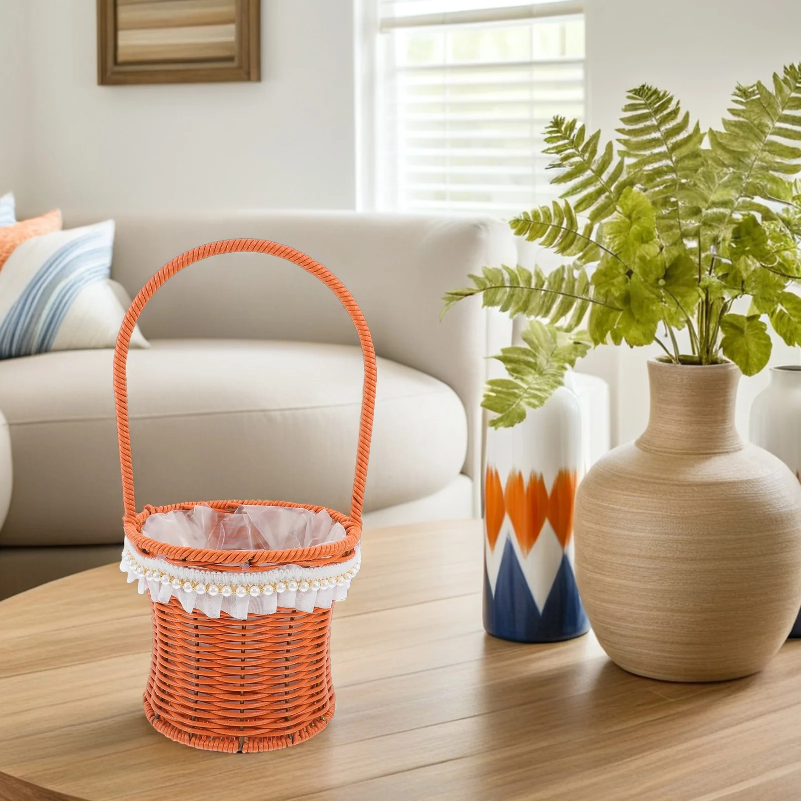 

Wicker Flower Basket Handheld Round Design Waterproof Interior for Home Decor Gardening Picnic Harvest Storage