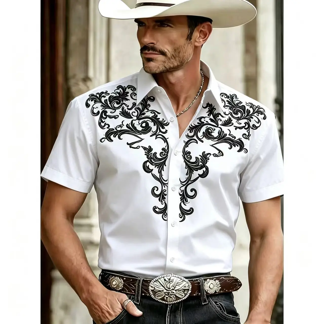 Men's retro 3D printed Western denim shirt, short sleeved shirt, urban casual fashion,classic shirt, men's 2026 summer new style