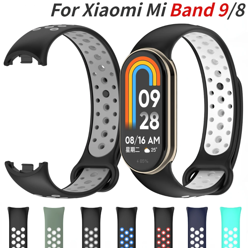 Sport Silicone Strap for Xiaomi Mi Band 9/Mi Band 8 Smart Watch Breathable Bracelet Belt for Mi Band 9 Mi 8 Two-color Wristband