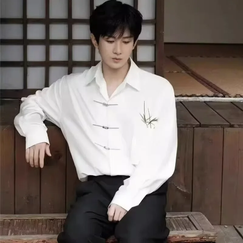 

Весенняя мужская рубашка большого размера в новом китайском стиле, с длинным рукавом, повседневная, стильная, модная молодежная рубашка-поло