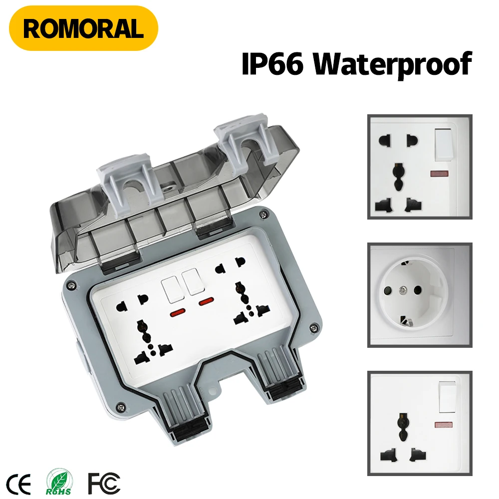 Universal UK DE Standard IP66 Weatherproof Socket 250V Waterproof Outdoor Wall Power Socket Box Electrical Outlet Charging Pile