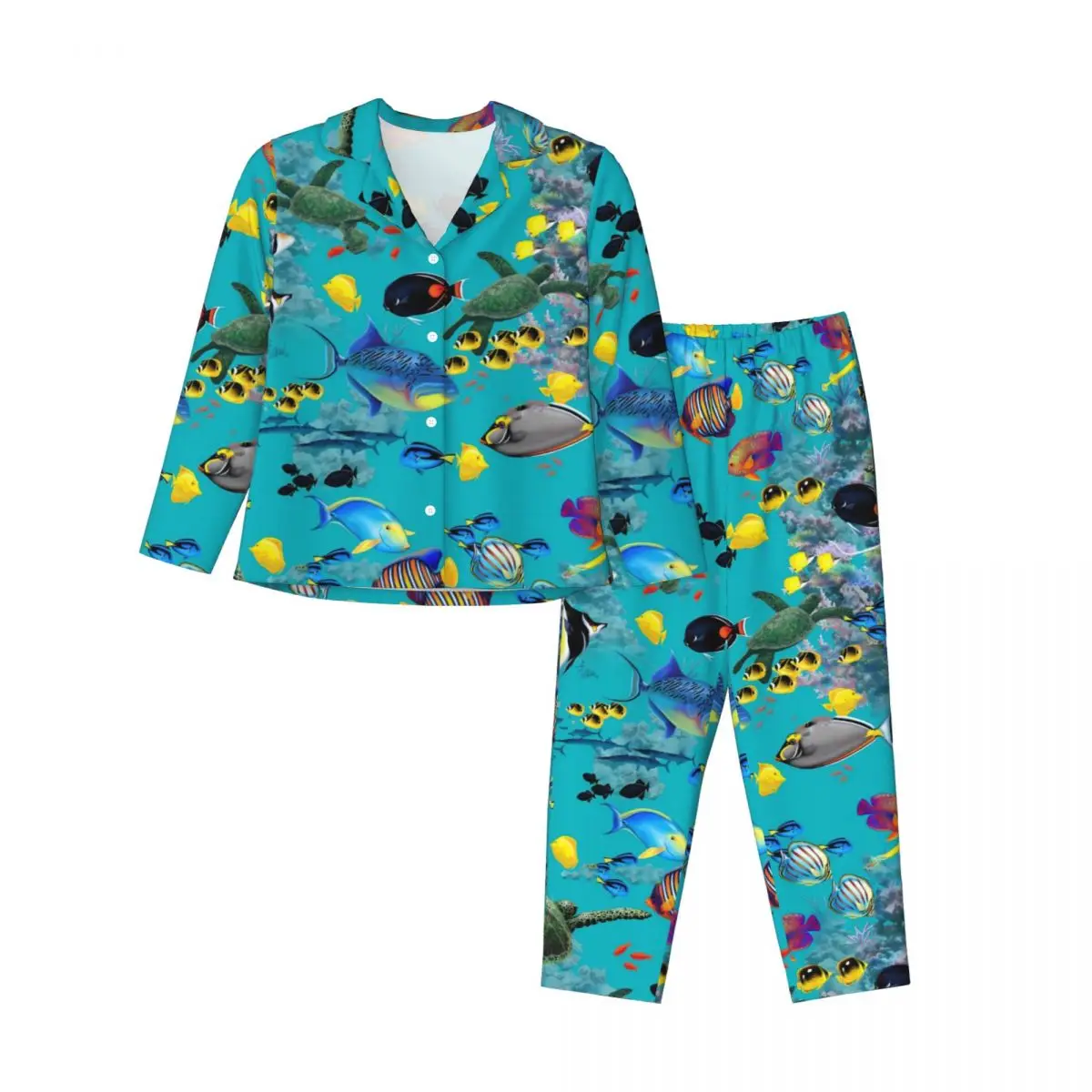 Sea Turtles Pajamas Woman Tropical Fish Kawaii Daily Nightwear Autumn Two Piece Retro Oversized Printed Pajama Set