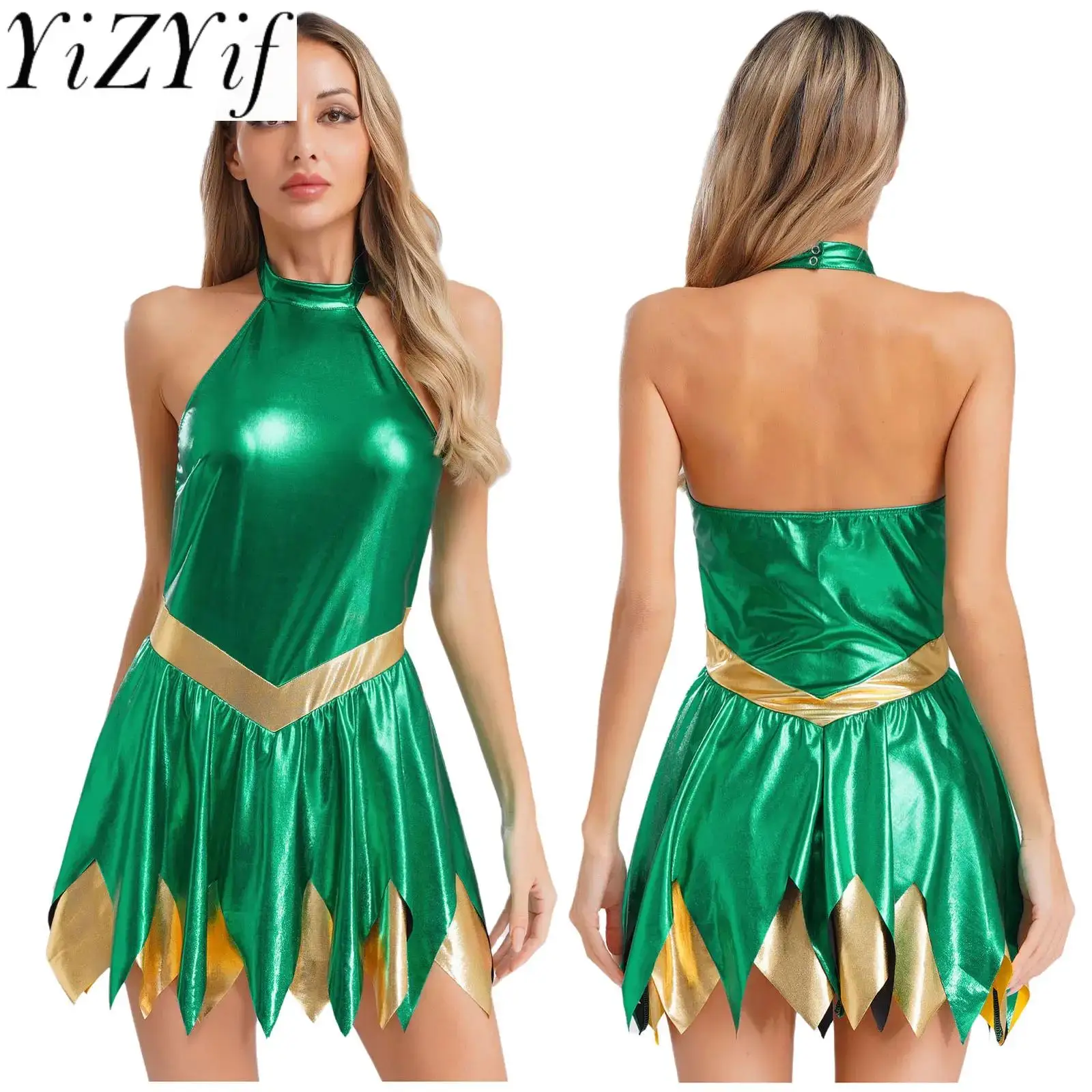 

Women Shiny Green Colored Fairy Tale Role Play Halloween Fancy Dress Party Carnival Fairy Character Stage Performance Costume