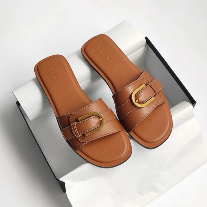 

2025 Summer New Genuine Leather Flat Slippers Women Fashionable And versatile sandals for wearing outside Casual Shoes