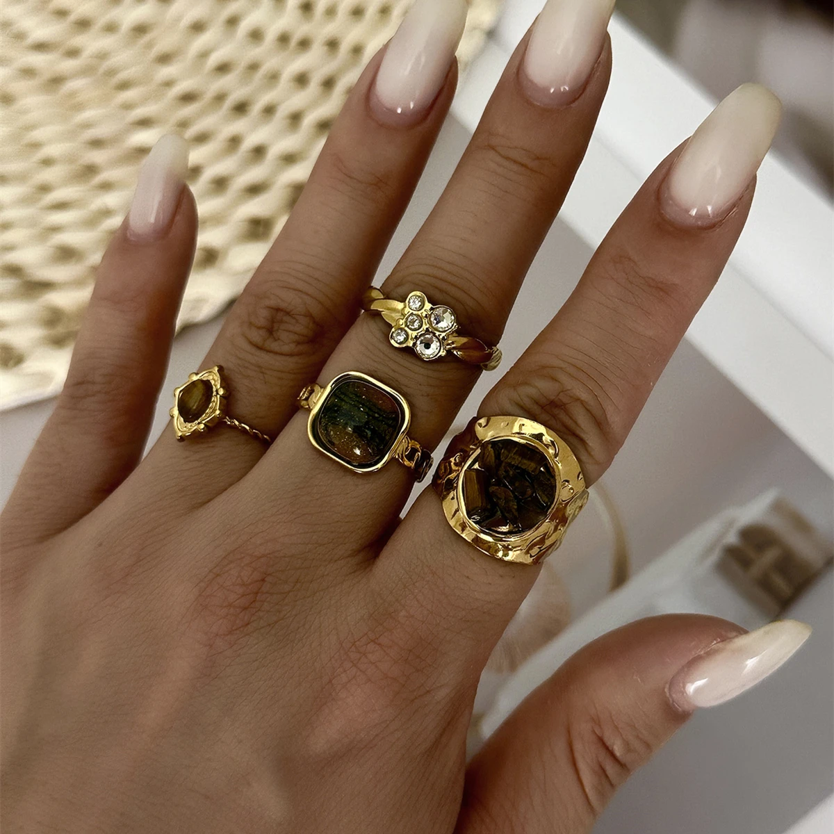Gold Plated Stainless Steel Tiger Eye Stone Ring For Women Shiny Zircon Hammered Open Finger Ring Party Waterproof Jewelry Gift