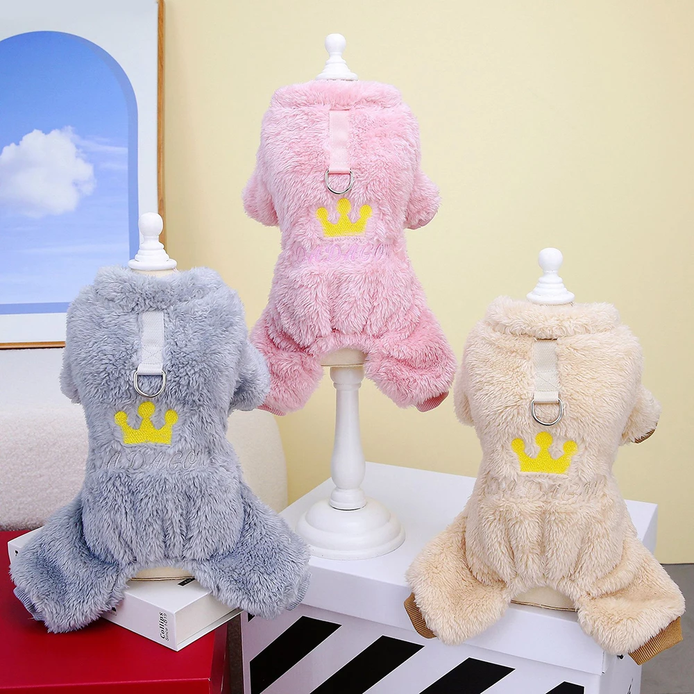 Fleece Winter Overalls for Dogs Plush Puppy Pajamas Warm Jumpsuit for Small Dogs Chihuahua Dog Costume Clothes with Leash Ring