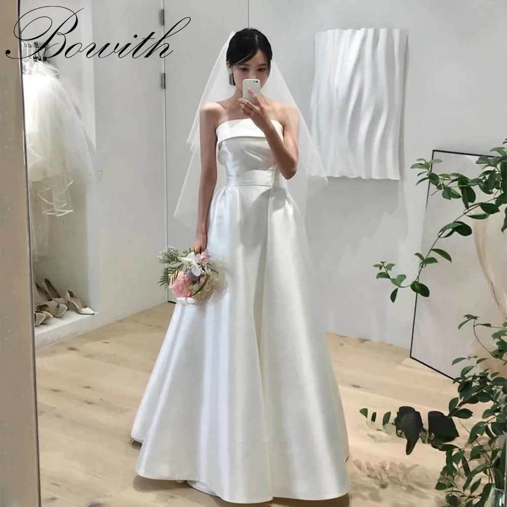 

Bowith Strapless Simple Korea Wedding Dresses Satin Detachable Train A Line Bride Gown Belt Corset Backless Bridal Party Gown
