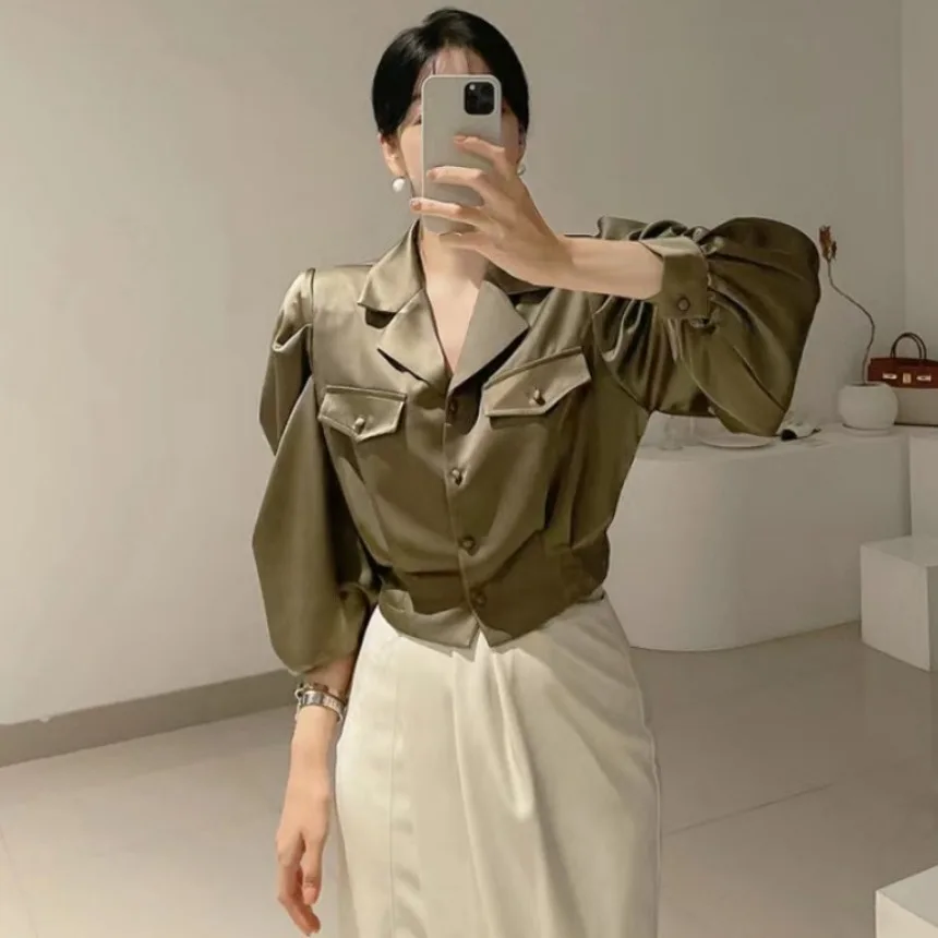 

Женская рубашка с рукавами-фонариками, укороченная, с отложным воротником, свободного кроя, стройнящая, с длинным рукавом, кардиган, весенняя модная женская одежда