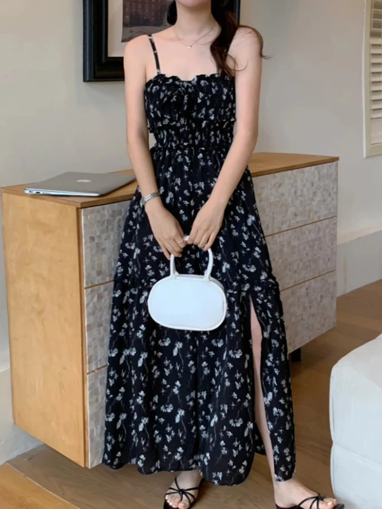 فستان صيفي أنيق عتيق ذو ياقة مربعة للتخسيس مطبوع عليه زهور فستان نسائي طويل بخصر عالٍ على الطراز الكوري