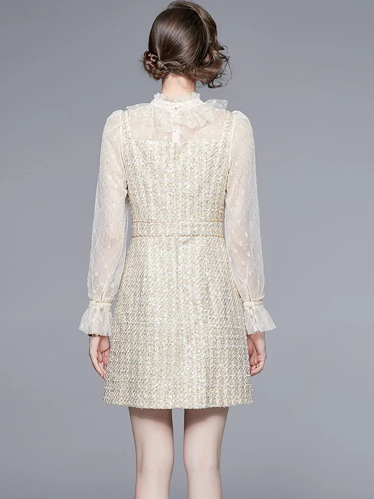 Luxury Celebrity Temperament Tweed Dresses Women Stand Collar Flare Long Sleeve High Waist Patchwork Mesh Sequin Woolen Dress