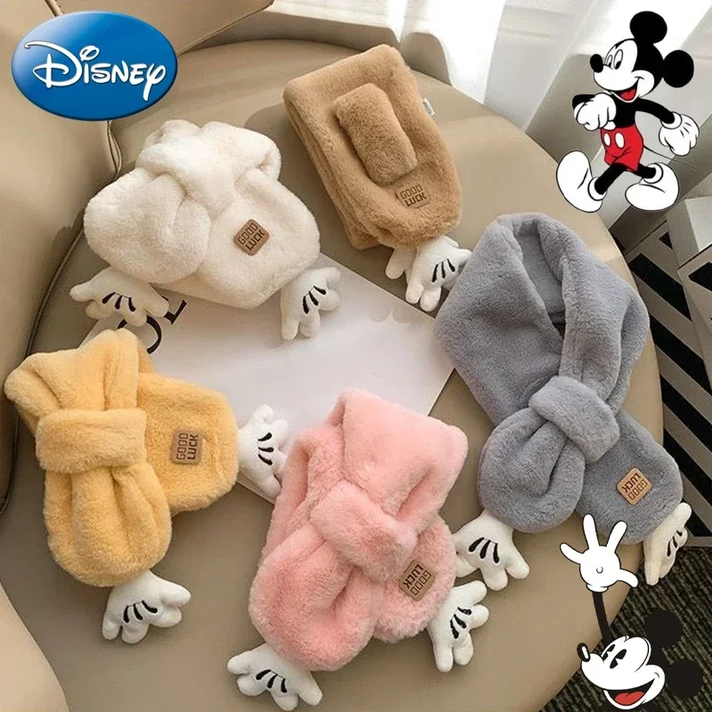 Disney Mickey Mouse Scarf Cartoon Sweet Girl Baby Thick Warm Cross Neckerchief Winter Soft Plush Kids Scarf Shawl Accessories