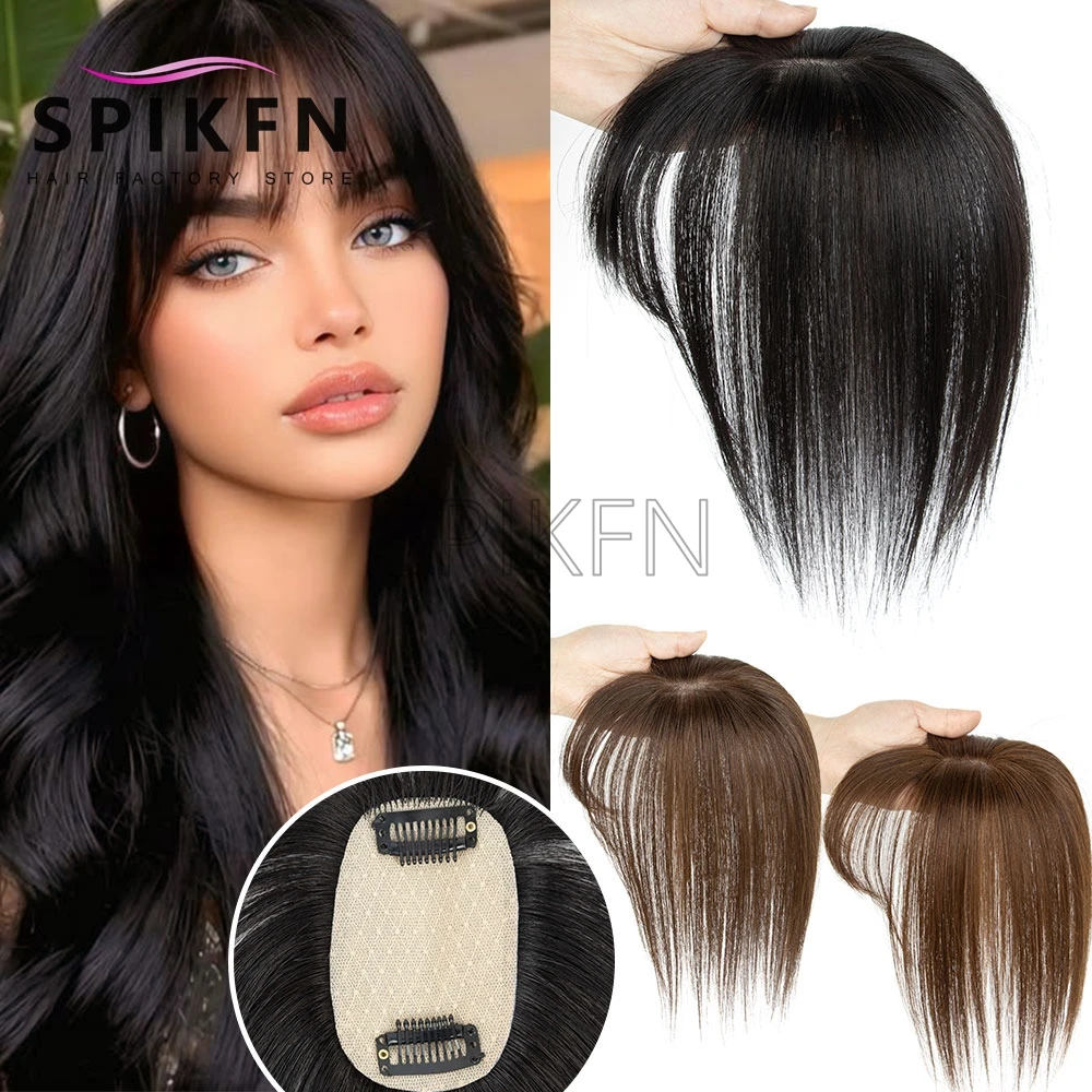 5x9cm Human Hair Topper 20-35cm Straight Clip in Human Hair Piece 2 Clips in Thinning with Hair Bangs