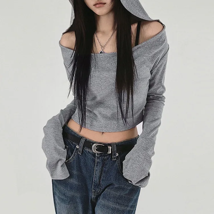 Sexy Off Shoulder Hoodie T-Shirt Women Casual Basic Simple Knitted Grey Tops Mujer Early Spring New Long Sleeve Pullover