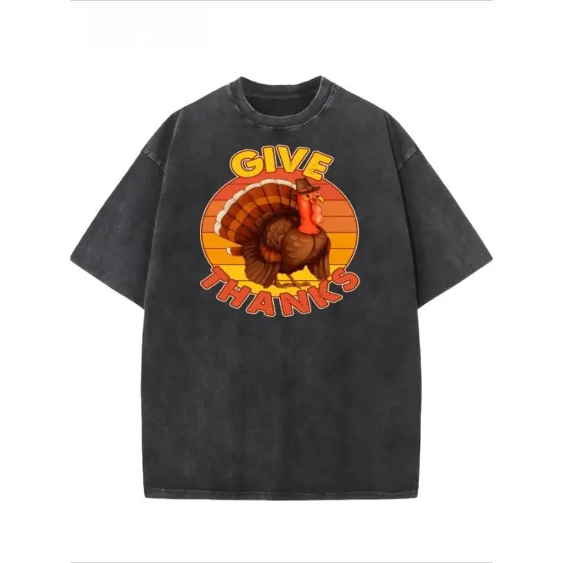 

Women Washed Oversized Thanksgiving T-Shirt Give Thanks Turkey Graphic Tee Fall Harvest Retro Casual Top Gift
