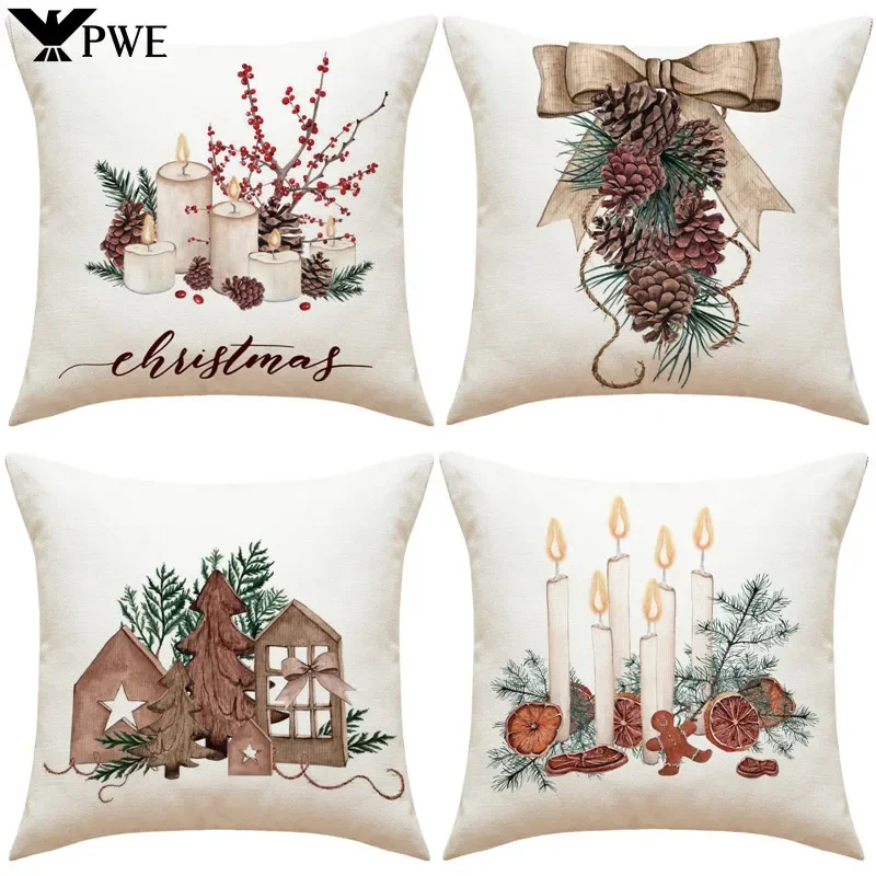 Christmas Pillow Cover Pinecone Candlestick Linen Print Pillowcase for Sofa Living Room Bedroom Cushion Cover Home Decor