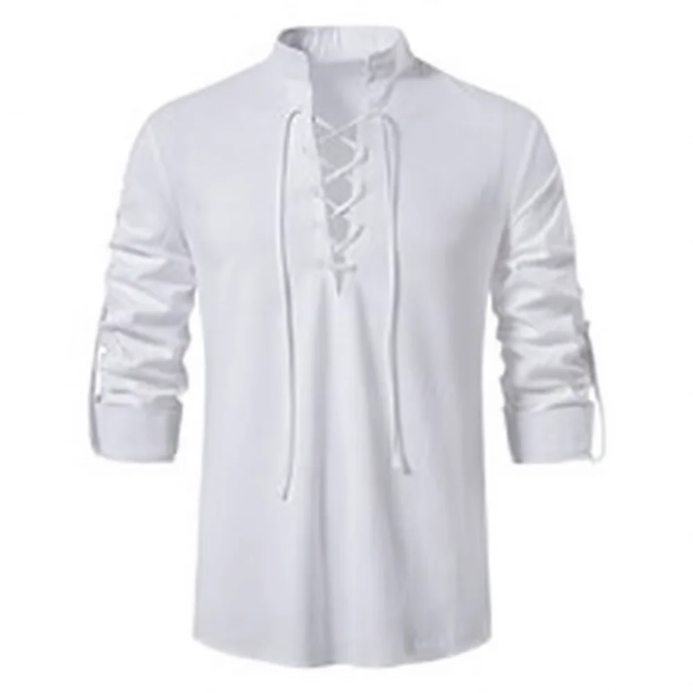 Casual Mens Long Sleeve Shirt Stand Collar Drawstring Loose Fit Cotton Blend Tops Breathable Comfortable Apparel