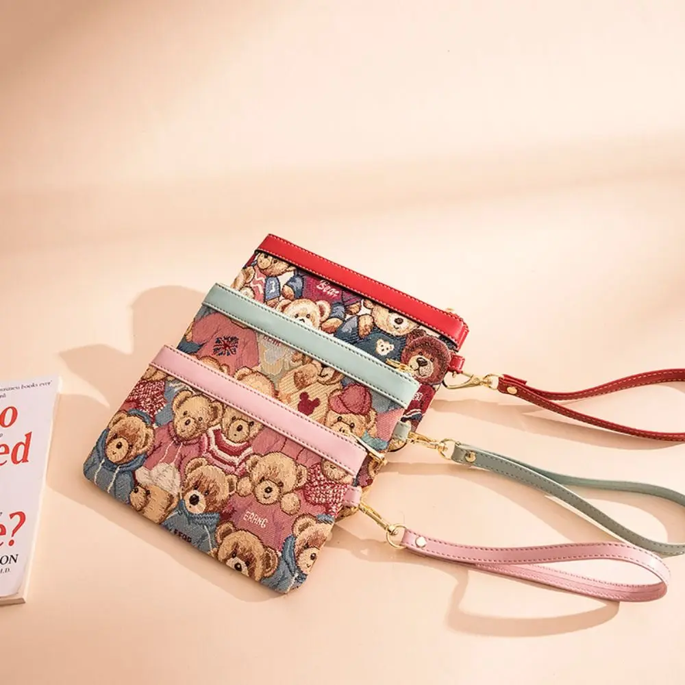 Bear Wallet For Female Male Letter Design Canvas Cartoon Coin Purse Contrasting Colors Mobile Phone Bag Women\'s Clutch Bag