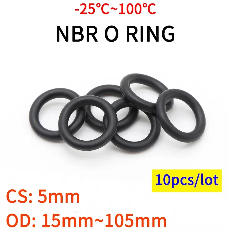 

10pcs NBR O Ring Seal Gasket CS 5mm OD 15mm ~ 105mm Nitrile Butadiene Rubber Spacer Oil Resistance Washer Round Shape Black