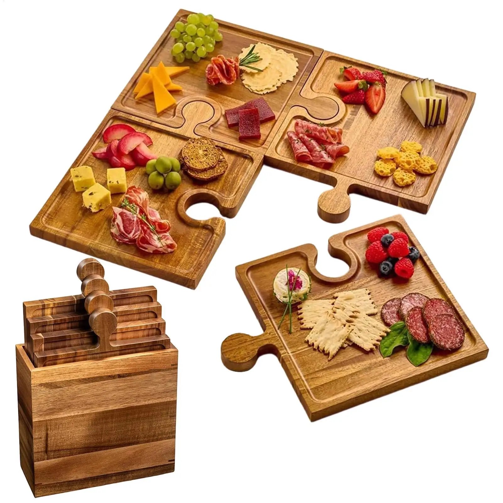 

Charcuterie Boards 4-Piece Wooden Puzzle Serving Tray Puzzle-Shaped Platter Charcuterie Tray for Kitchen Party Wedding Holiday