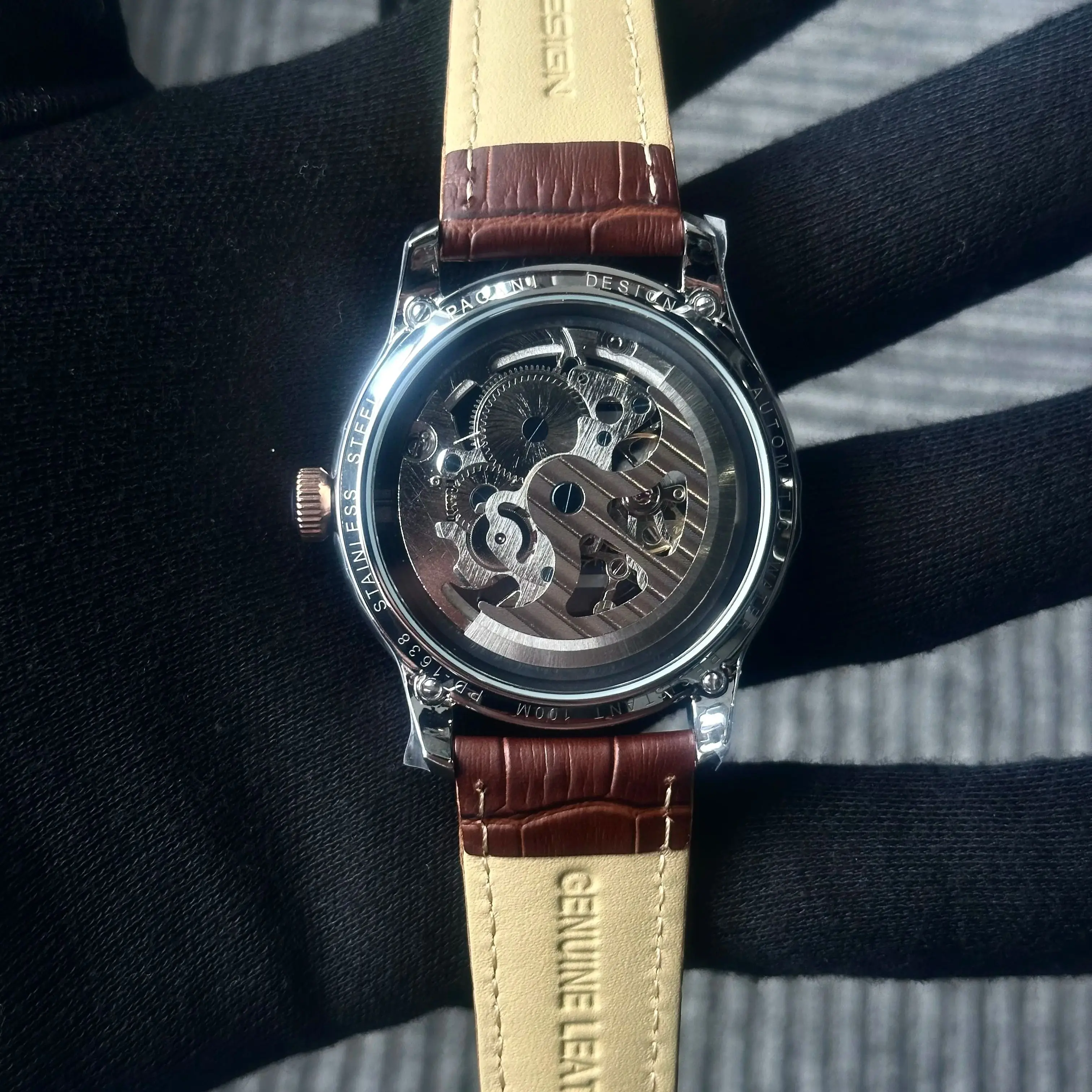 PAGANI DESIGN Hot Sale Mens Mechanical Watch Genuine Leather Strap Skeleton Design Fashion Casual Business High Hardness Glass