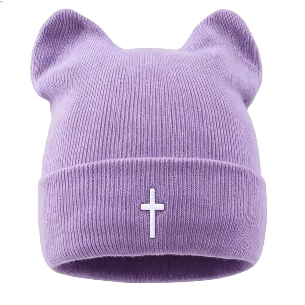 Fashion Cross-Embroidered Knitted Woolen Hat Windproof Thickened Ear Protection Hat Keep Warm Cat Ear Beanies Cap Winter