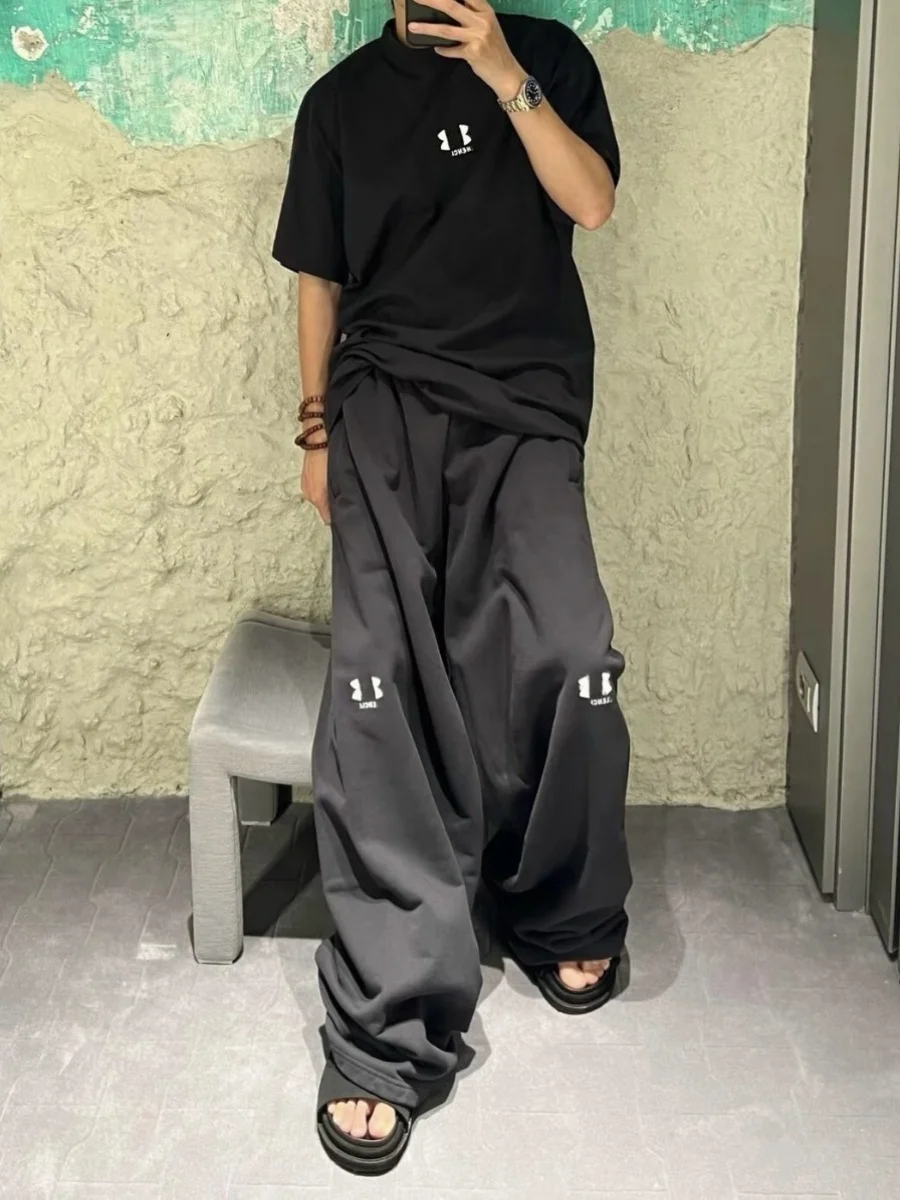 بنطلون طويل كلاسيكي من القطن الثقيل مع شعار مطرز، سروال رياضي طويل للراحة، بنطلون أنيق للشارع