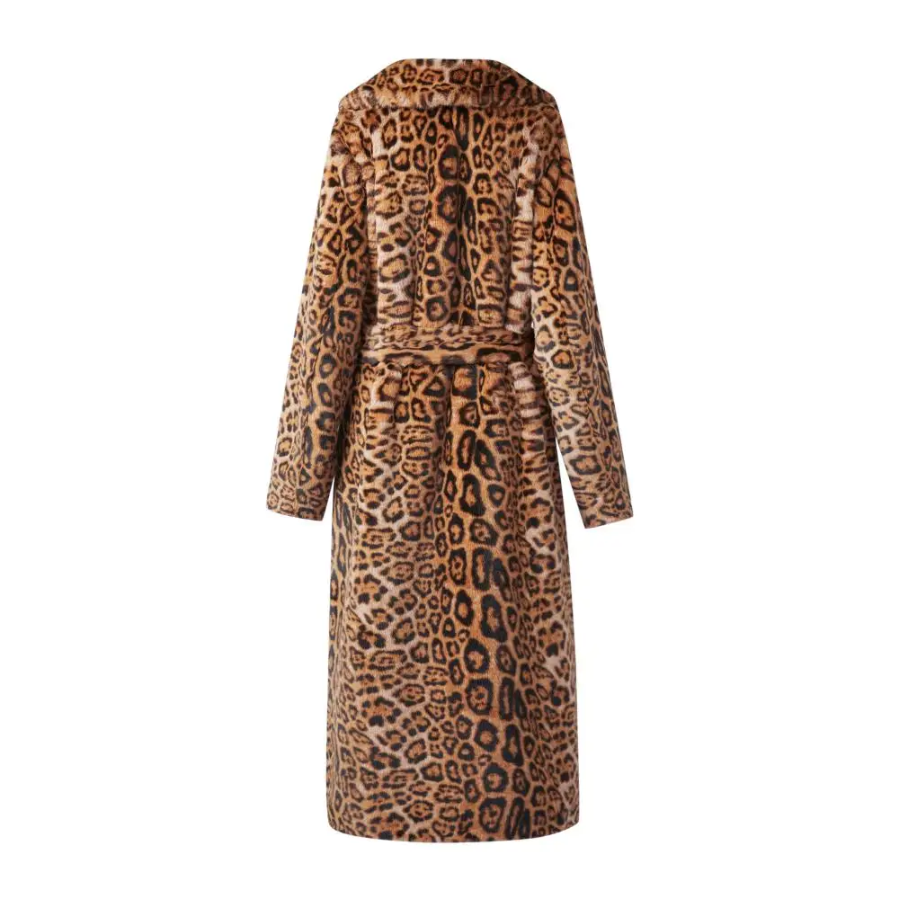 New Loose Artificial Fur Leopard Pattern Fur Women\'s Coat Long Polo Neck Belt Waist Wrapped Winter Warm Windbreaker