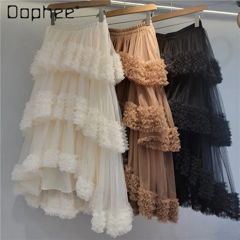 

Gentle Wind Apricot Irregular Tulle Skirt Women 2026 New Fashion Versatile Fairy Sweet Cake Skirt Long Black Skirt