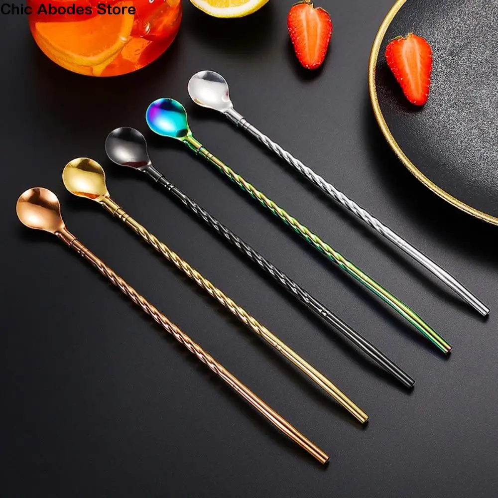 

10PCS Tableware Dual-use Stainless Steel Straw Spoon Reusable Portable Coffee Stirring Spoon Long Twisted Mixing Spoon Dessert