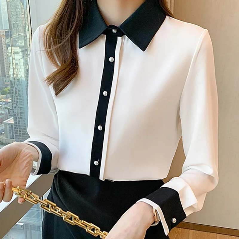 Spring Women White Chiffon Blouse Shirt Long Sleeve Blouse Women Blusas Mujer De Moda 2024 Blouses Femme Women Tops Shirts F320