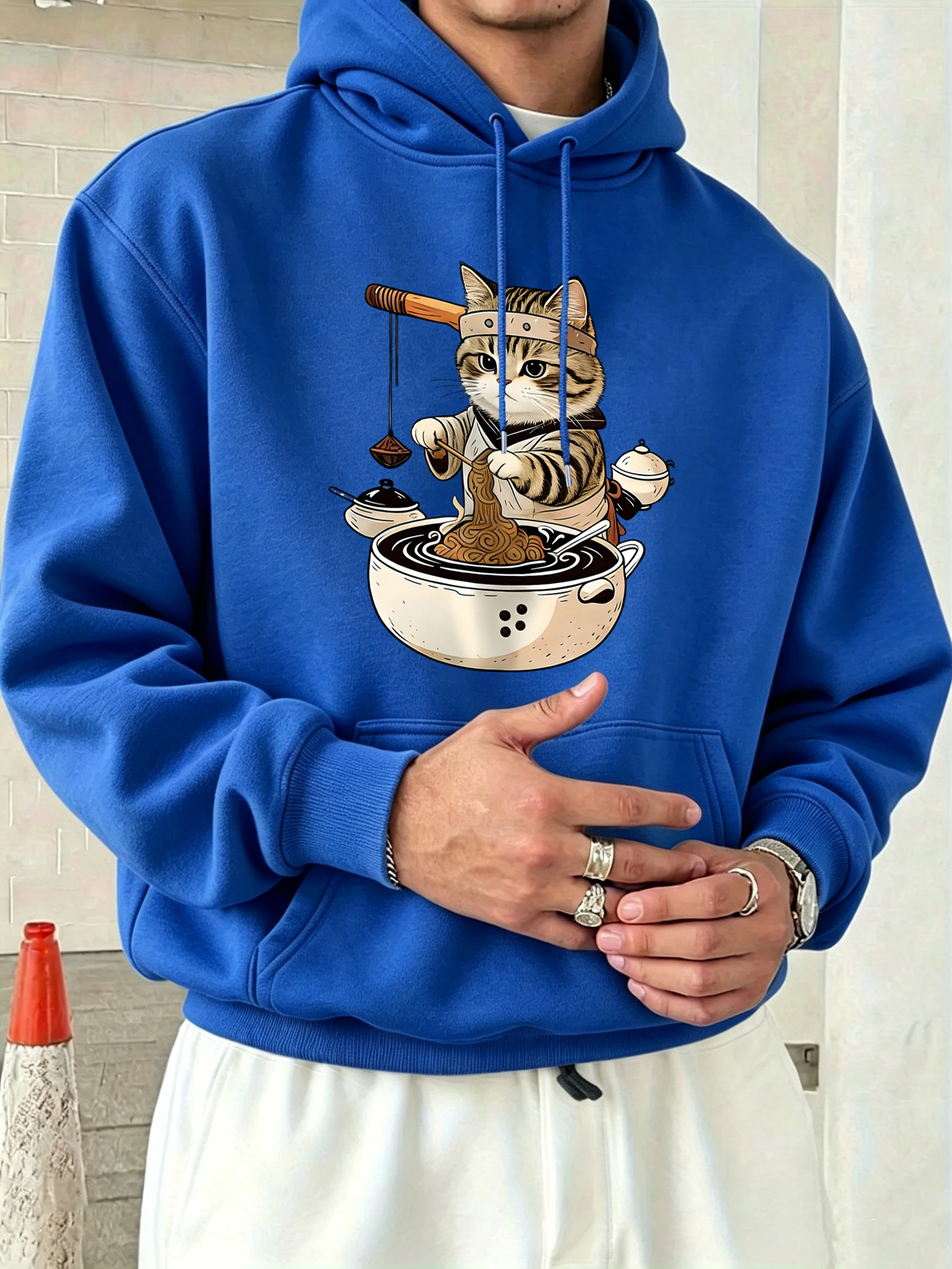 Master Cat Is Making Lamian Noodles Print Men Hoodie O-Neck Loose Pullover Casual Autumn Long Sleeve Fashion Fleece Clothes