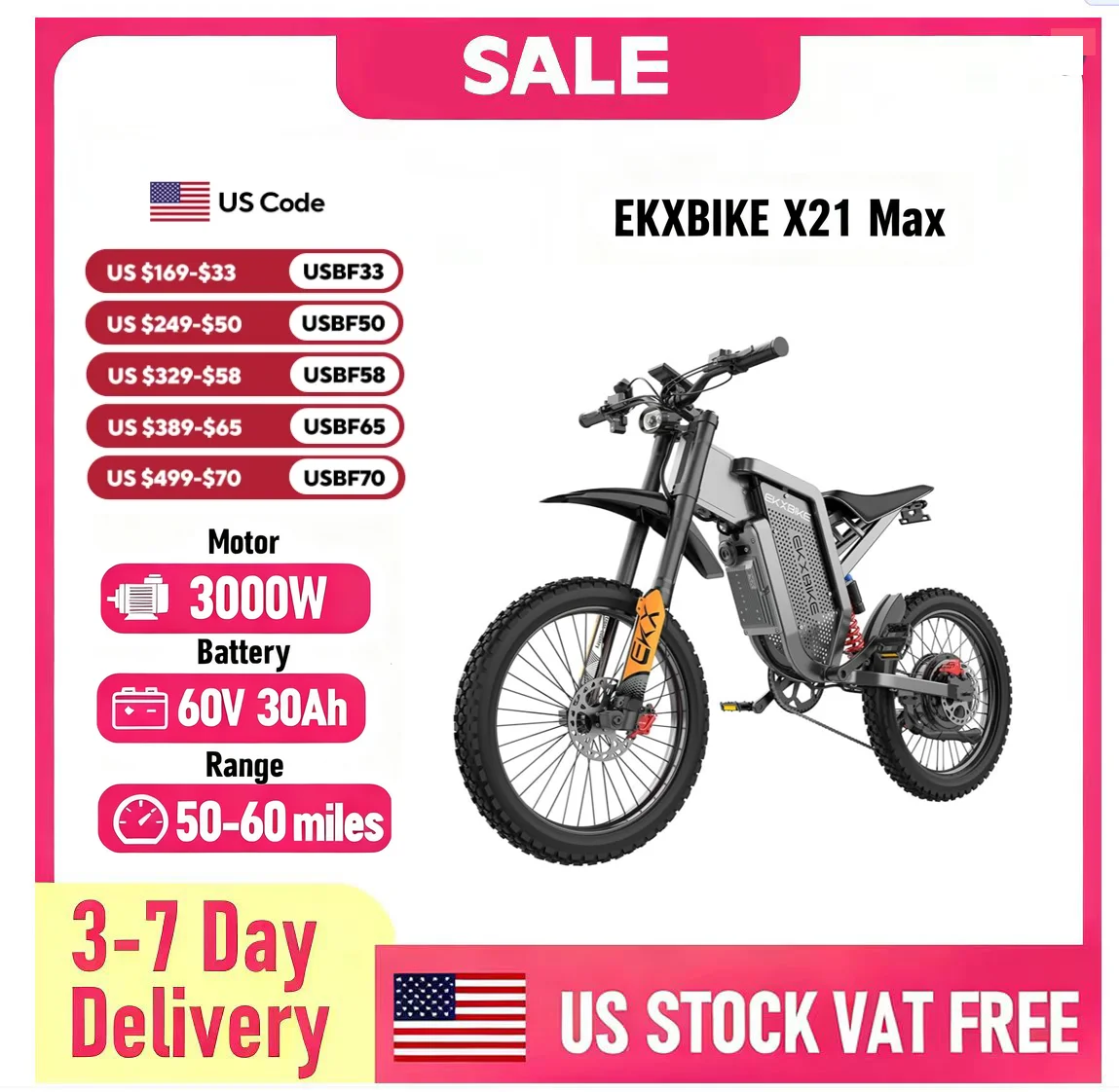 

EKXBIKE 19" X21 Max Electric Dirt Bike Dual Hydraulic Shock 3000W Motor 60V 30Ah Battery