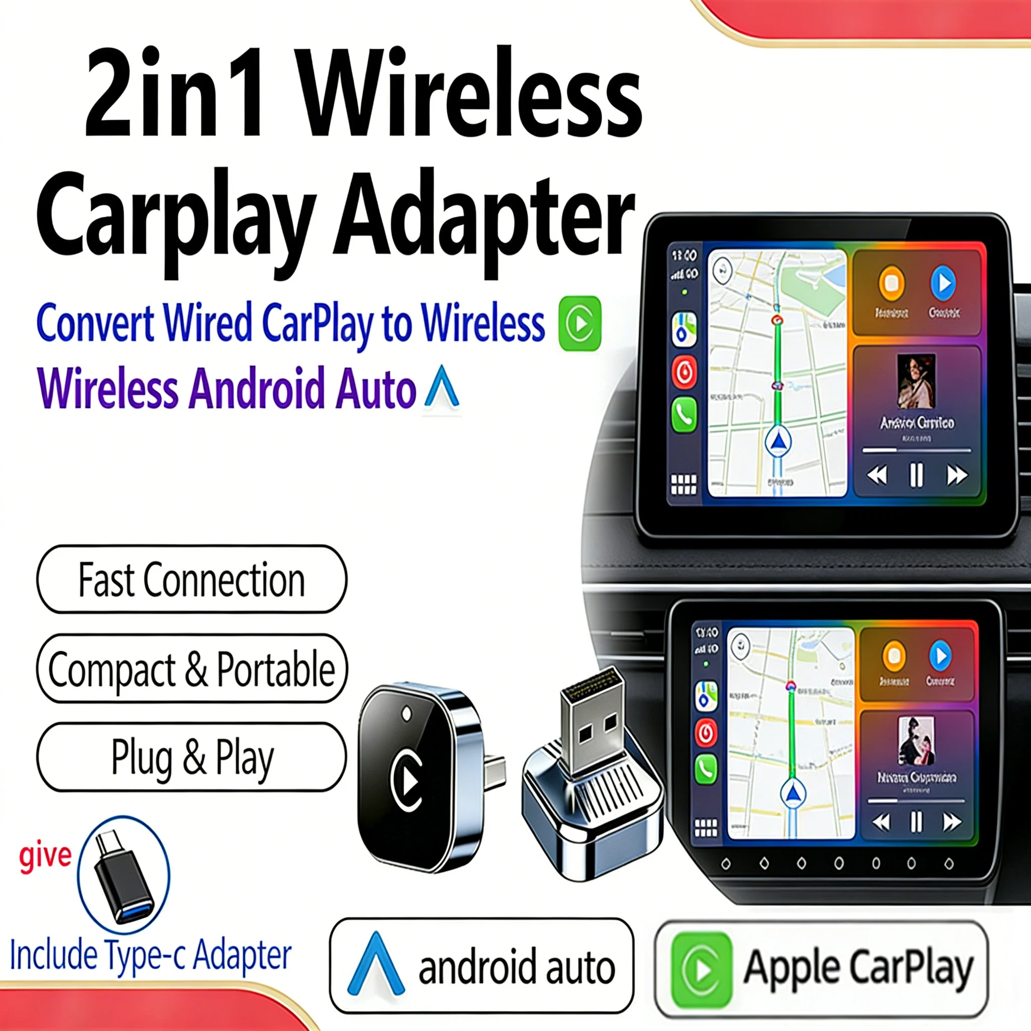 

Беспроводной адаптер 2-в-1 для CarPlay и Android Auto, донгл CarPlay с функцией Plug & Play, преобразует проводное подключение в беспроводное, быстрое автоматическое подключение, без дополнительных устройств.