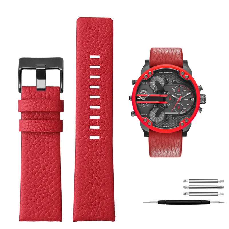 Genuine leather watchband For Diesel DZ7395 7370 7257 watch straps Lychee print leather with rivet red band 22 24 26 28 30mm
