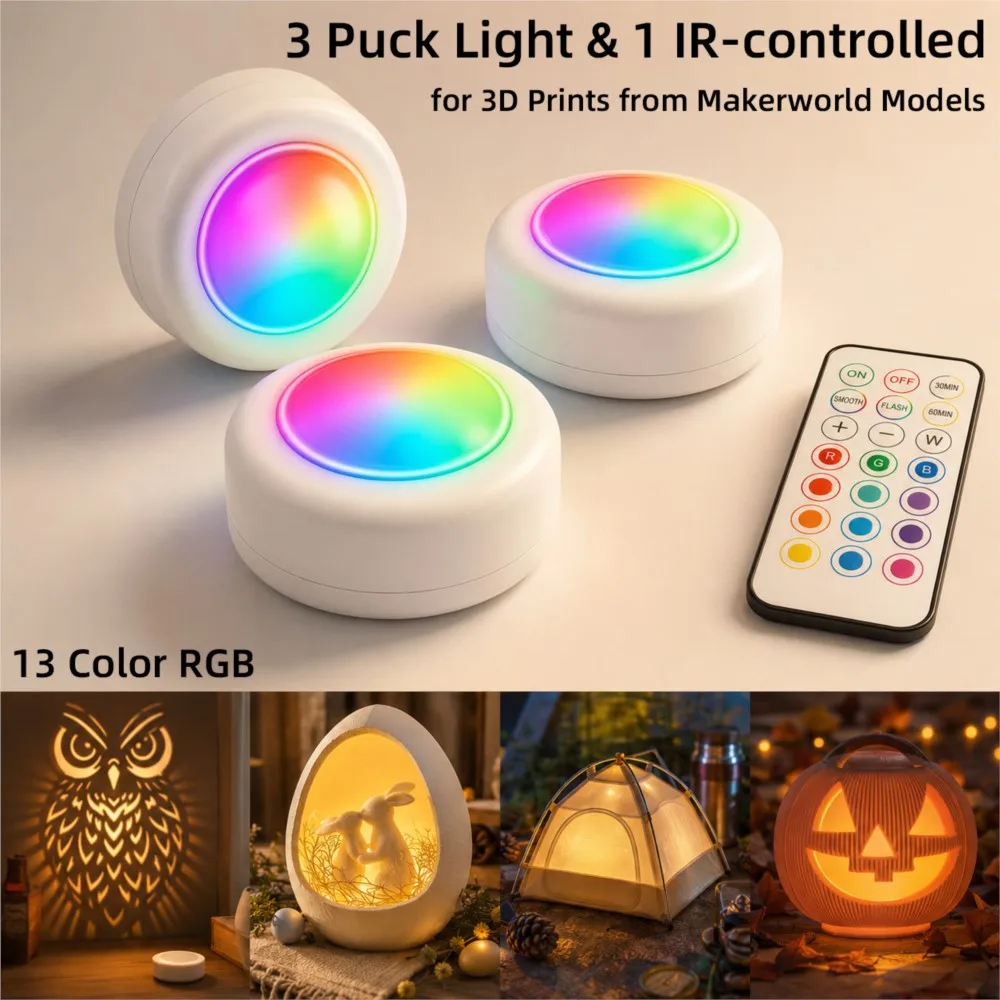 3 Pack Remote Control Color RGBW Puck Lights for Bambu KC007 Wireless Puck Light LED Lamp Kit Timer for 3D Printing Project