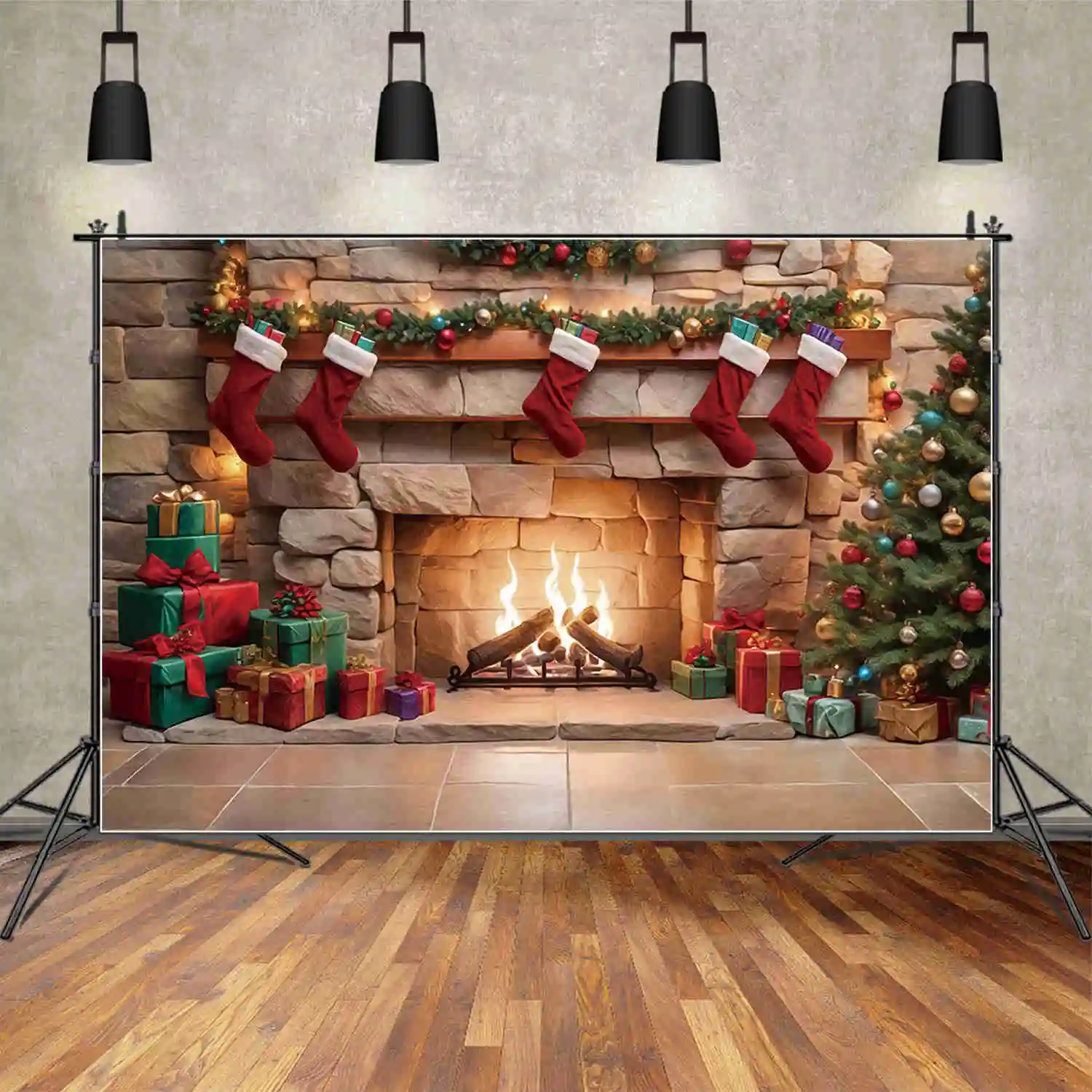 MOON.QG Christmas Brick Fireplace Christmas Tree Backdrops Tree Indoor Stove Frame Backgrounds Party Photography Accessories