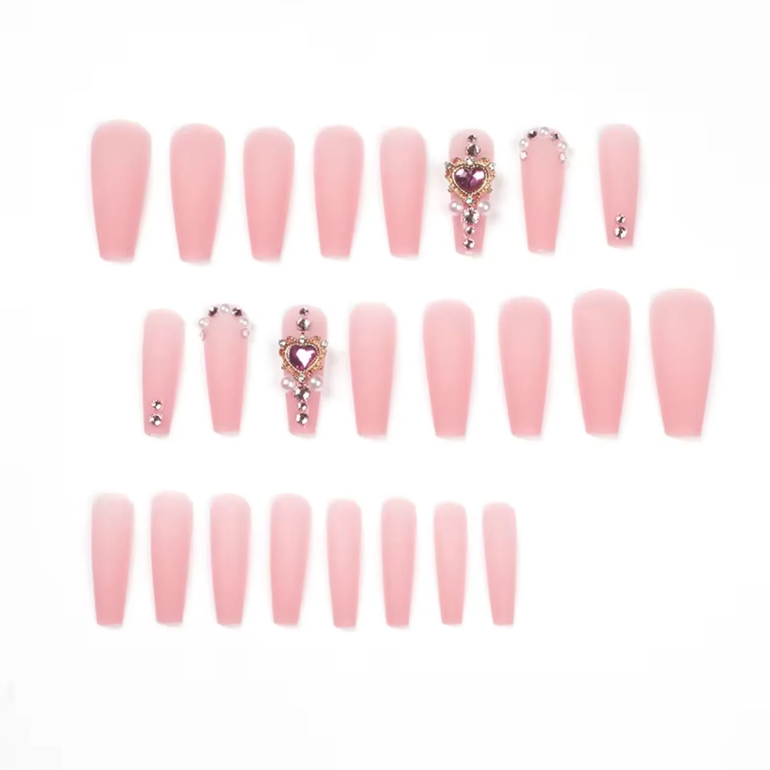 .Miemie Design 24-Piece Extra Long ABS Coffin  Large Heart-Shaped Rhinestone Style Reusable Artificial Nails for Fingers