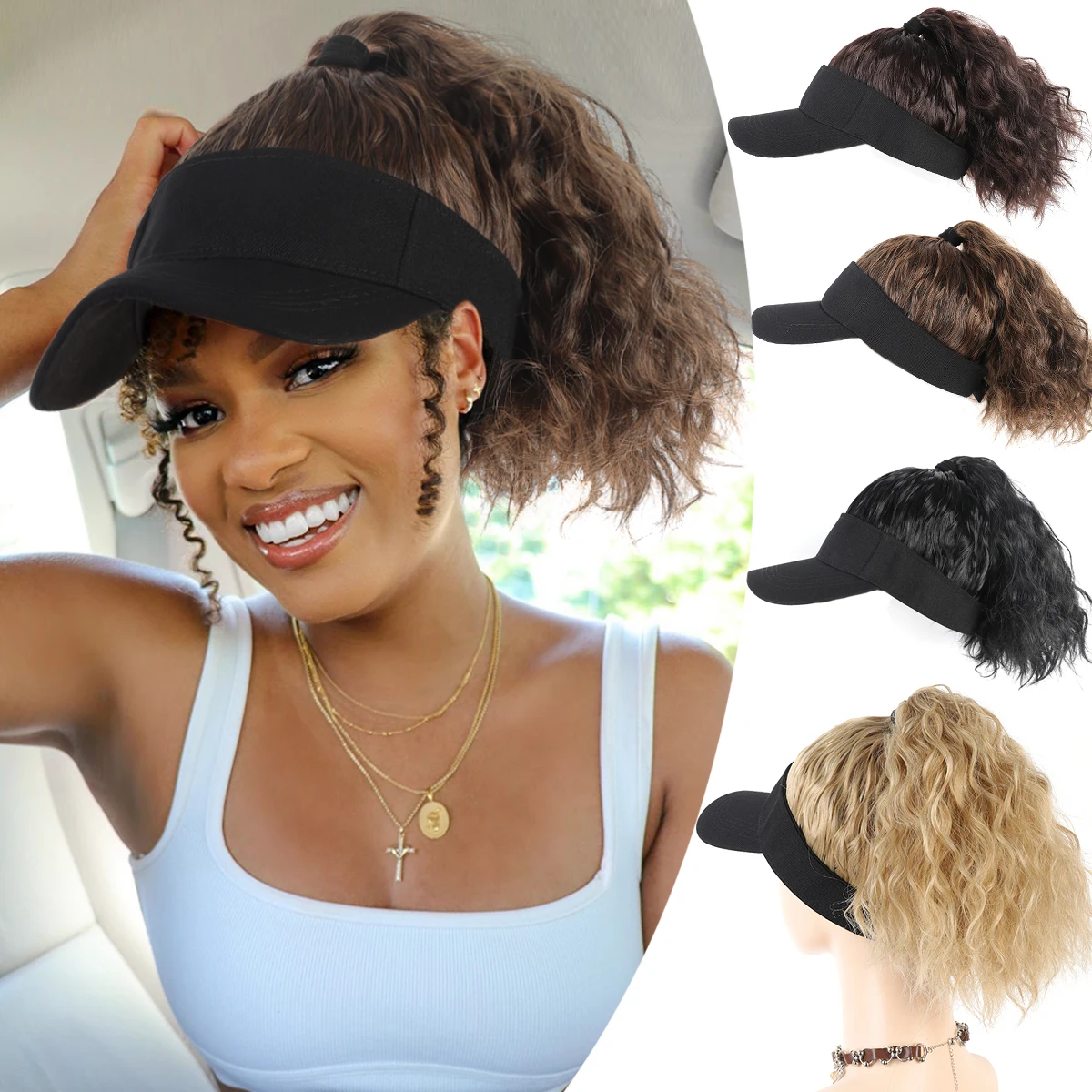 Women's Corn Curly Ponytail Wig with Baseball Cap - High Temperature Fiber Synthetic Wave Hairpieces, Adjustable Buckle for All
