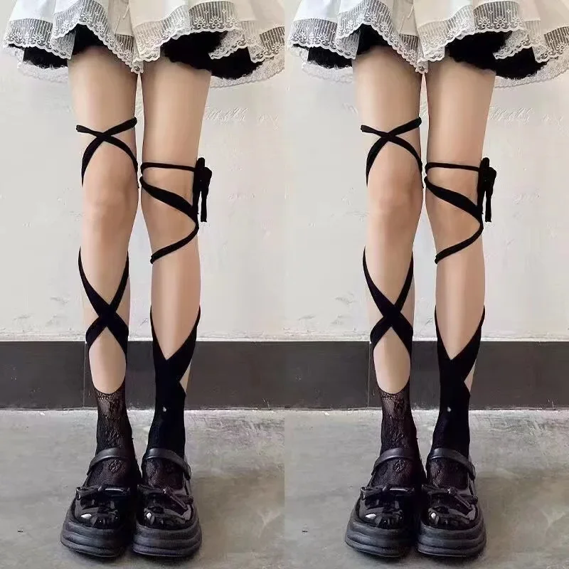 Women's Arbitrarily Bandage Heart Floral Lace Fishnet Stockings Irregular Calf Socks Jk Tie Middle Tube Long Socks female 1/2pcs