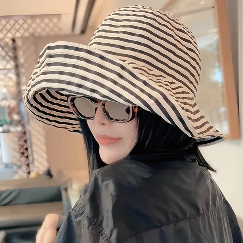 2025 New Japanese Foldable Striped Bucket Hat, Women's UPF 50+ Summer Sun Hat, Oversized Fisherman Cap Trendy Beach Accessories