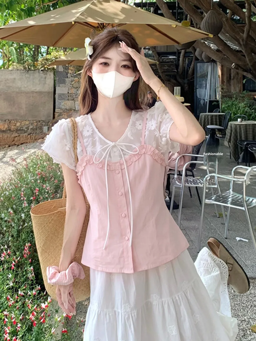 

Embroidered Tie-Dye Short-Sleeve Shirt Women's Summer 2026 New Style Wood Grain Design Fake Two-Piece Blouse
