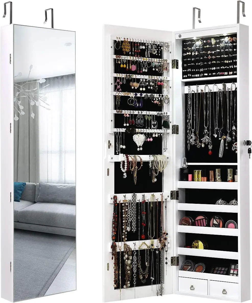 Wall Door Jewelry Armoire Cabinet with Full-Length Mirror, 2 LEDs Lockable Large Storage Jewelry Organizer with 47.5'' M