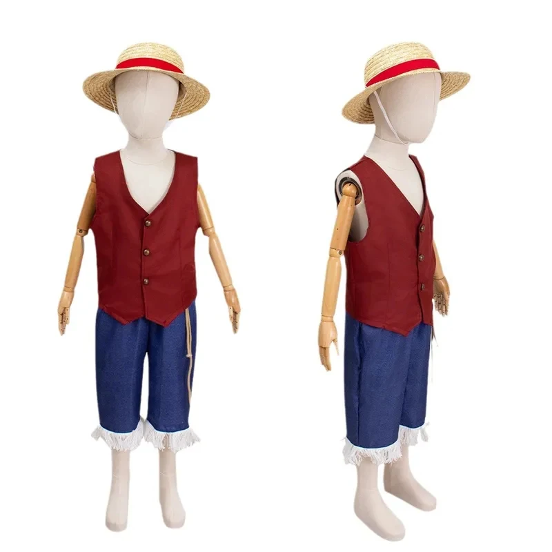 

▶❤Movie Luffy Cosplay Costume Anime Monkey D Luffy Cosplay Uniform Shirt Pants Hat Outfits for Kids Adult Halloween Party Cost❤◀