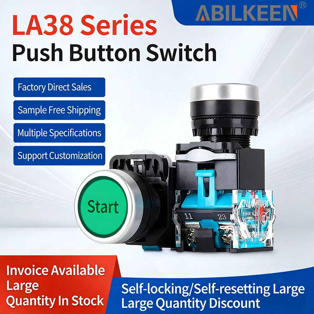 LA38-11BN 22mm Round Flat Head Push Button Switch 1NO 1NC Self-locking  Self-resetting Push button