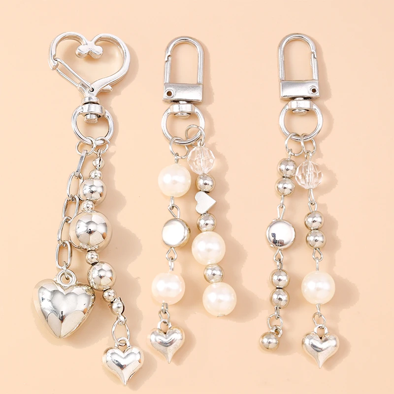 Cute Alloy Love Heart Keychain Women Girls Pearls Key Ring Pendants for Handbag Decor DIY Key Chain Jewelry Gifts
