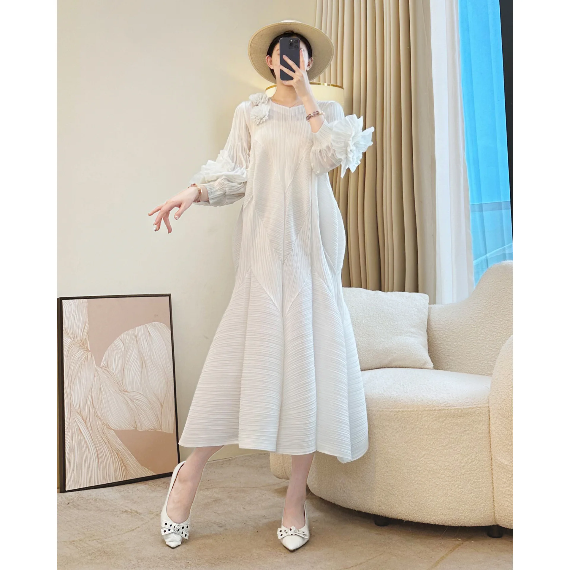 

Miyake Pleated Dress Round Collar Full Sleeve Ruffles High Stretch Loose Dresses for Women 2025 New Autumn Clothing